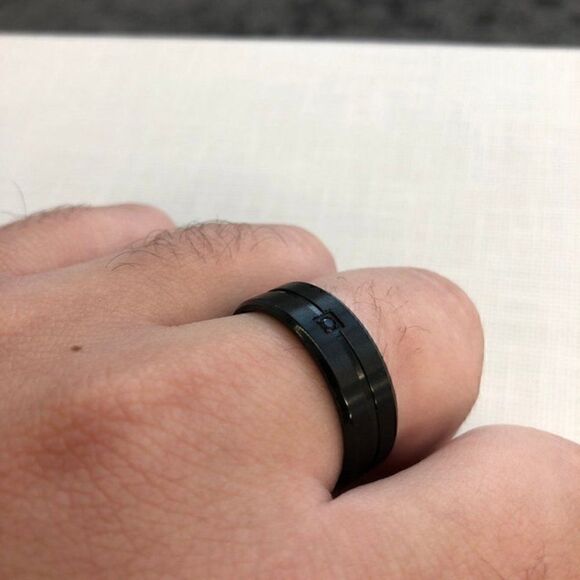 Matte Black Grooved With Black Jewel Wedding Ring Band - Wedding Ring For Him - Picture 4 of 5